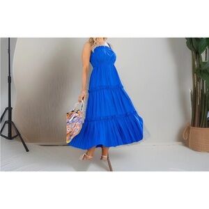 Pinch Ruffle Detail Tiered Maxi Dress   Blue  SZ M NWOT